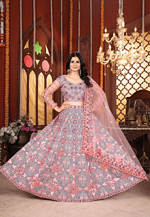 Embroidered Art Silk Lehenga in Grey