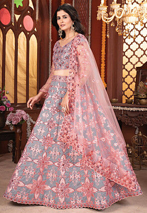 Embroidered Art Silk Lehenga in Grey
