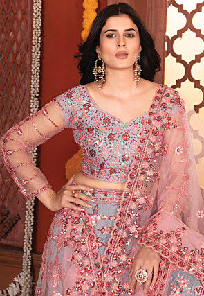 Embroidered Art Silk Lehenga in Grey