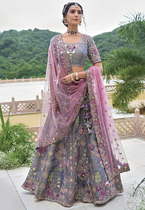 Embroidered Art Silk Lehenga in Grey