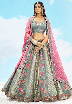 Embroidered Art Silk Jacquard Lehenga in Grey