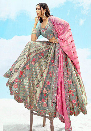 Embroidered Art Silk Jacquard Lehenga in Grey