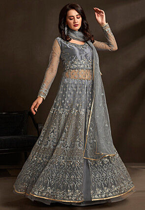 Embroidered Net Lehenga in Grey