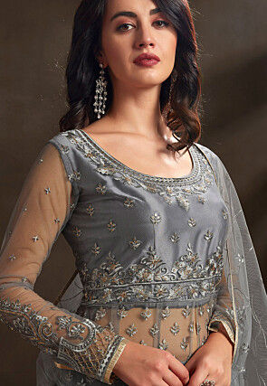 Embroidered Net Lehenga in Grey