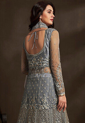 Embroidered Net Lehenga in Grey