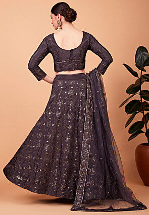 Embroidered Art Silk Lehenga in Grey