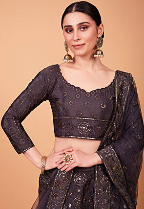 Embroidered Art Silk Lehenga in Grey
