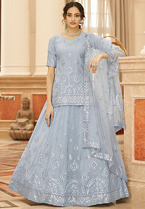 Embroidered Art Silk Lehenga in Grey