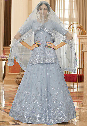 Embroidered Art Silk Lehenga in Grey