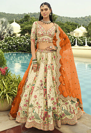 Embroidered Art Silk Brocade Lehenga in Light Beige