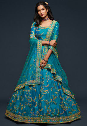 Light Blue Lehenga Set In Net With Heavy Embroidery Of Floral Jaal Wor