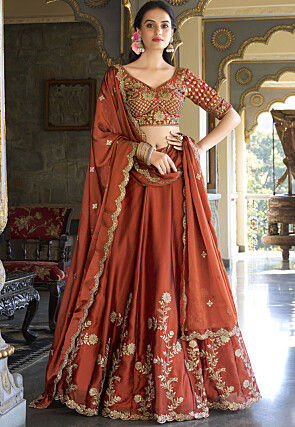 Embroidered Art Silk Lehenga in Light Brown