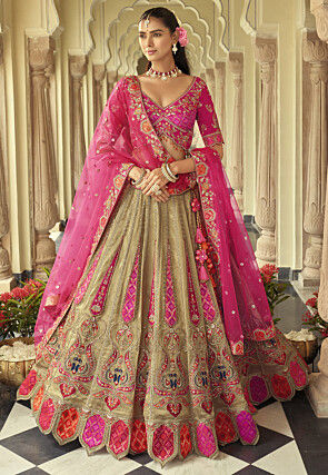 Embroidered Art Silk Scalloped Lehenga in Light Golden