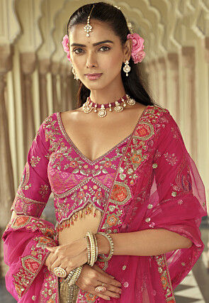 Embroidered Art Silk Scalloped Lehenga in Light Golden