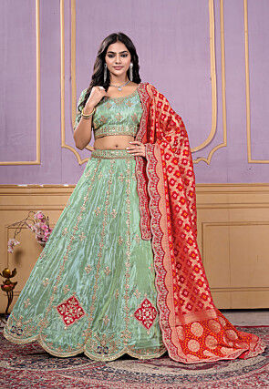 Embroidered Art Silk Lehenga in Light Green