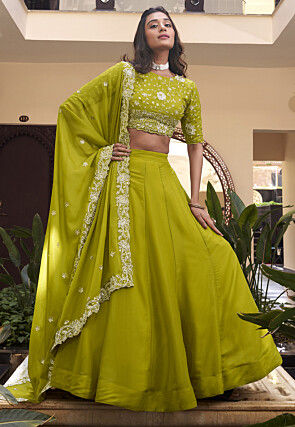 Embroidered Art Silk Lehenga in Light Green