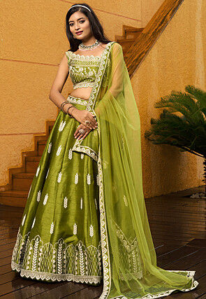 Embroidered Art Silk Lehenga in Light Green