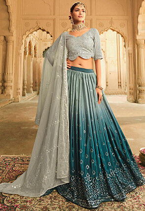 Embroidered Art Silk Lehenga in Light Grey and Teal Blue