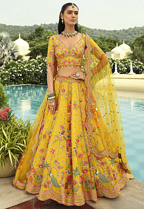 Embroidered Art Silk Brocade Lehenga in Light Olive Green