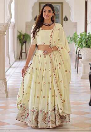 Embroidered Art Silk Lehenga in Light Yellow