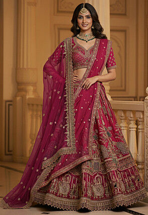 Embroidered Art Silk Lehenga in Magenta