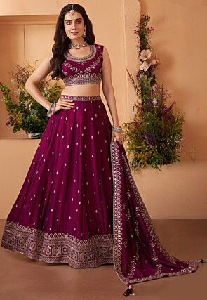 Embroidered Art Silk Lehenga in Magenta