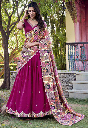 Embroidered Art Silk Lehenga in Magenta