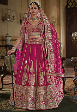 Embroidered Art Silk Lehenga in Magenta
