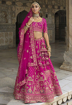 Embroidered Art Silk Lehenga in Magenta