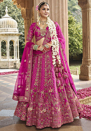 Embroidered Art Silk Lehenga in Magenta