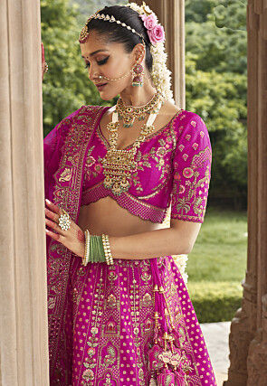 Embroidered Art Silk Lehenga in Magenta