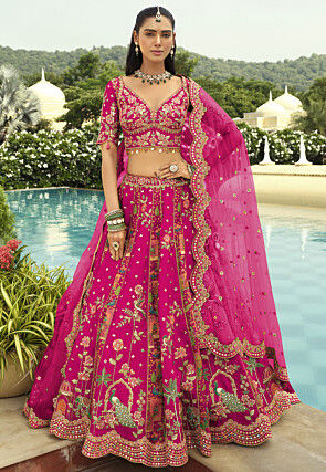 Embroidered Art Silk Brocade Lehenga in Magenta