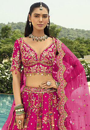 Embroidered Art Silk Brocade Lehenga in Magenta
