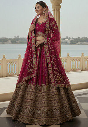 Embroidered Art Silk Lehenga in Magenta