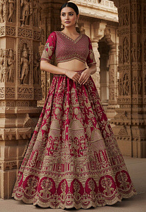 Embroidered Art Silk Lehenga in Magenta