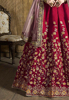 Embroidered Art Silk Lehenga in Magenta