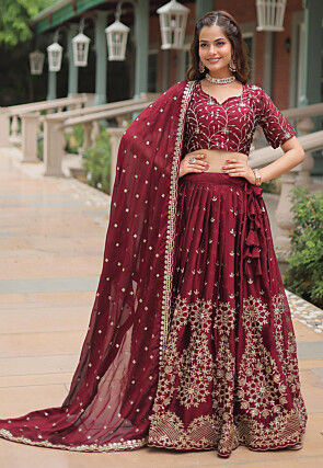 Embroidered Art Silk Lehenga in Maroon