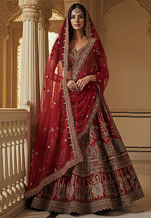 Embroidered Art Silk Lehenga in Maroon