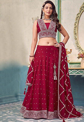 Embroidered Art Silk Lehenga in Maroon