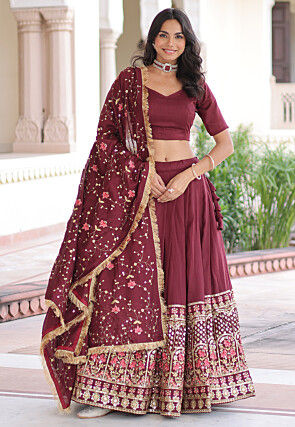 Embroidered Art Silk Lehenga in Maroon
