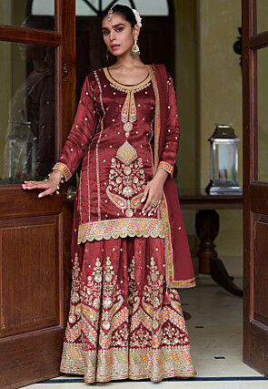 Embroidered Art Silk Scalloped Lehenga in Maroon