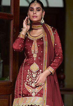 Embroidered Art Silk Scalloped Lehenga in Maroon