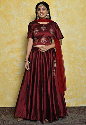 Embroidered Art Silk Lehenga in Maroon