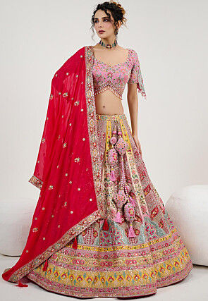 Embroidered Art Silk Lehenga in Multicolor