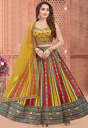 Embroidered Art Silk Lehenga in Multicolor