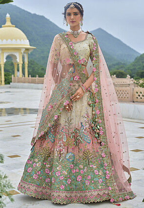 Embroidered Art Silk Lehenga in Multicolor