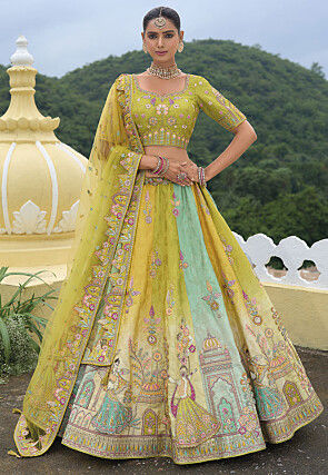 Embroidered Art Silk Lehenga in Multicolor