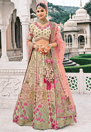 Embroidered Art Silk Lehenga in Multicolor