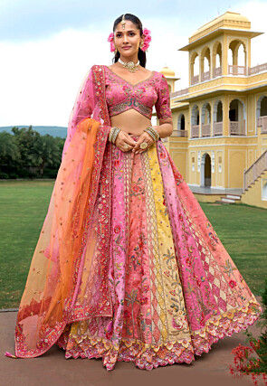 Embroidered Art Silk Lehenga in Multicolor