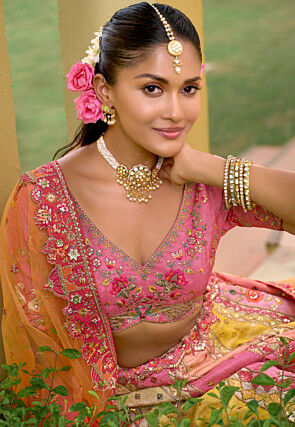 Embroidered Art Silk Lehenga in Multicolor